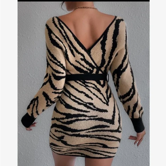 Cozy Off Shoulder Zebra Striped Pattern Batwing Sleeve Belted Sweater Dress - Picture 2 of 5